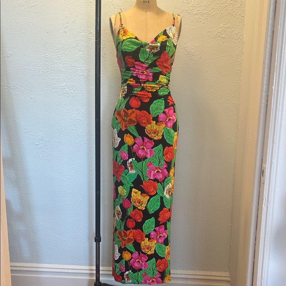 Floral Print Maxi Dress in Black with Multicolor Blossoms